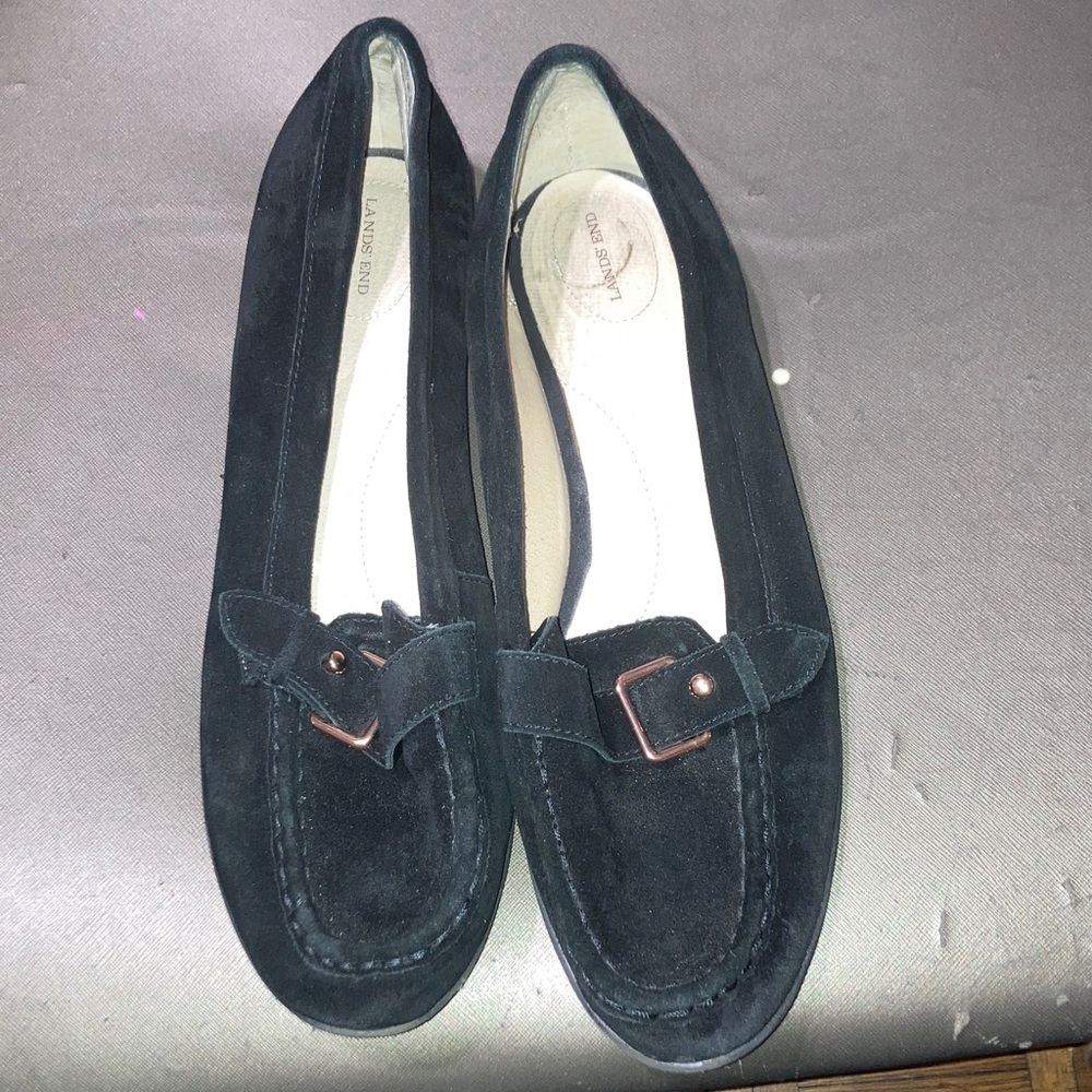 Lands End Black Suede Loafers with Buckle Detail